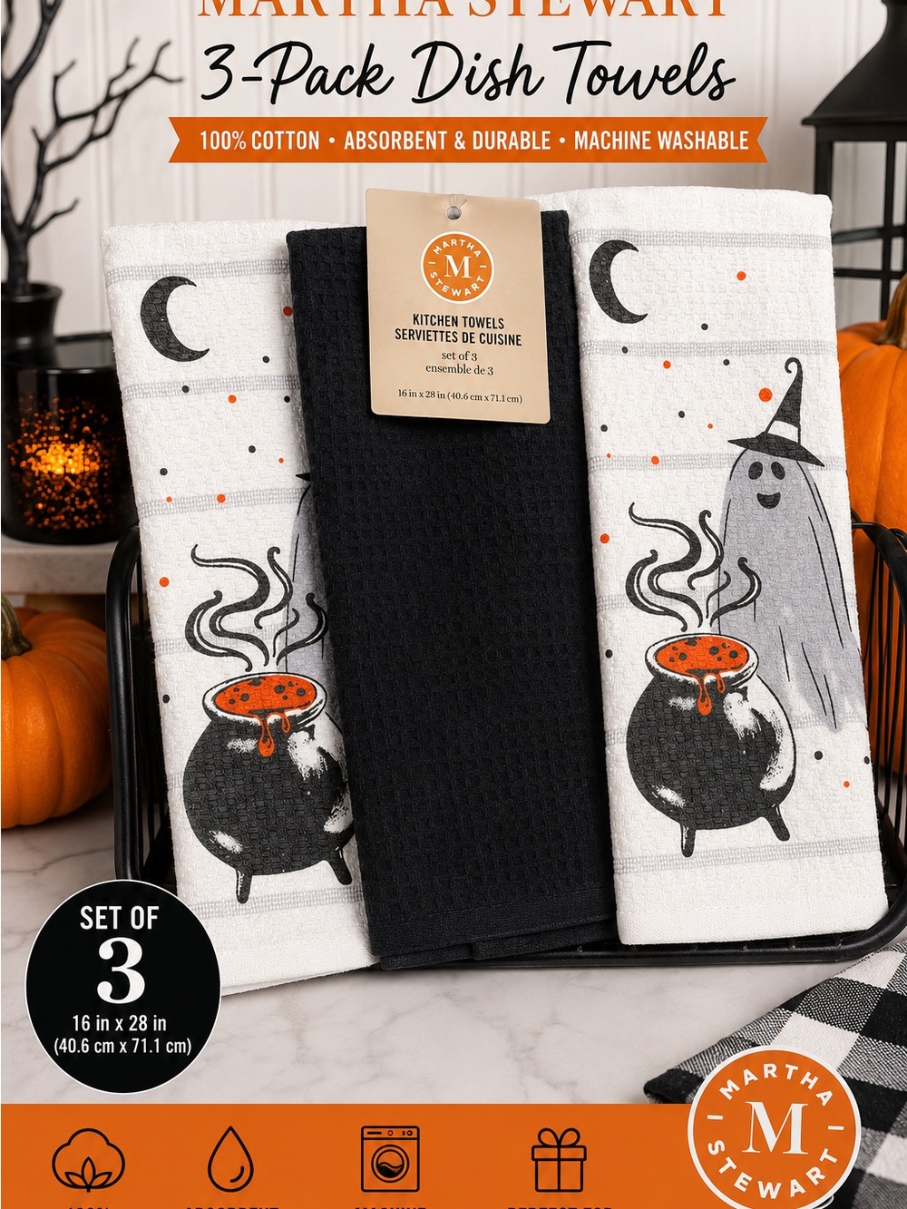 Martha Stewart Halloween Ghost & Cauldron Kitchen Towels - Black, White, Orange
